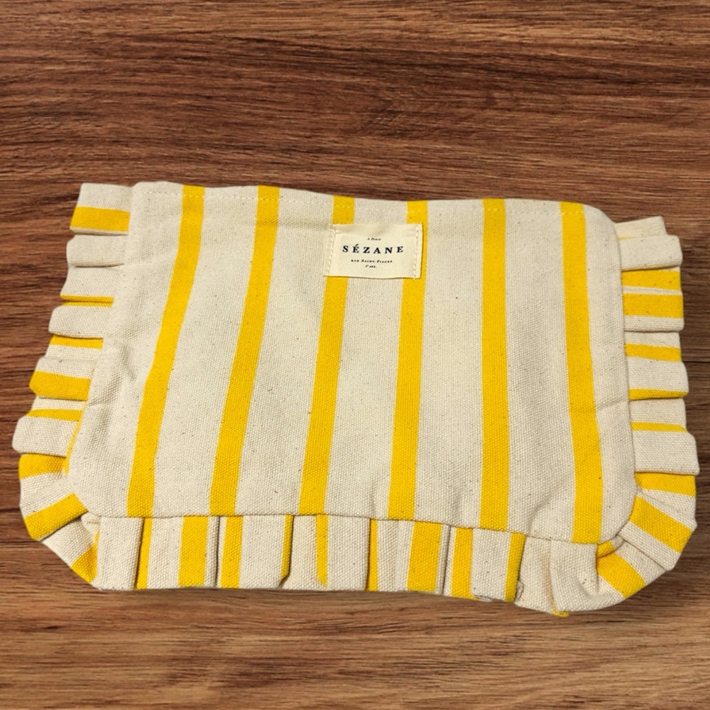 Sezane Yellow Strips Cotton Canvas Pouch Cosmetic Makeup Bag NWOT